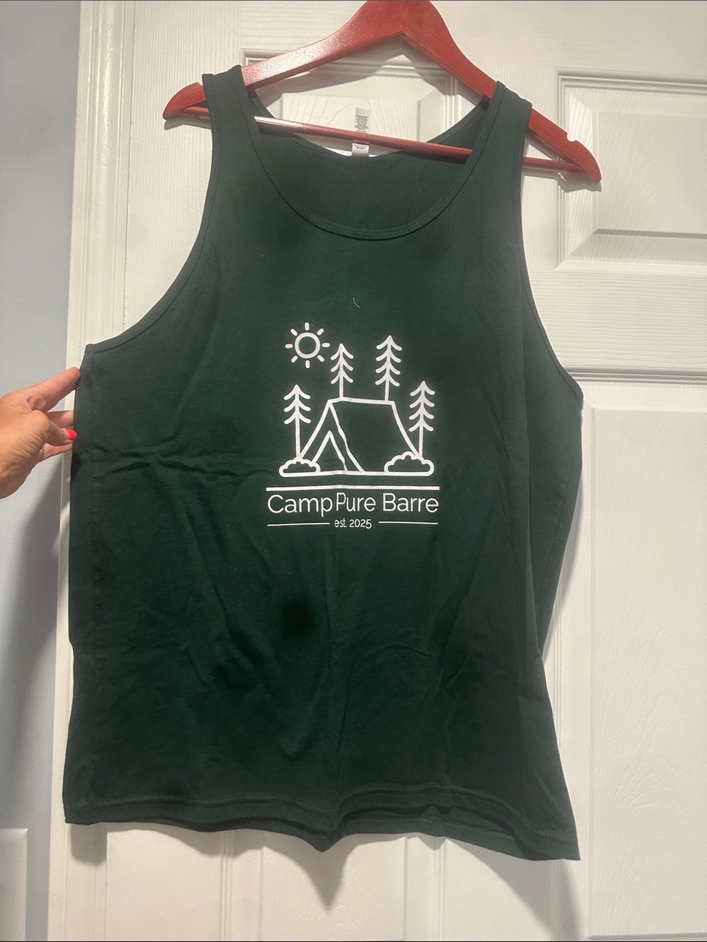Pure Barre Dark Green Tank Top with White Camp Graphic